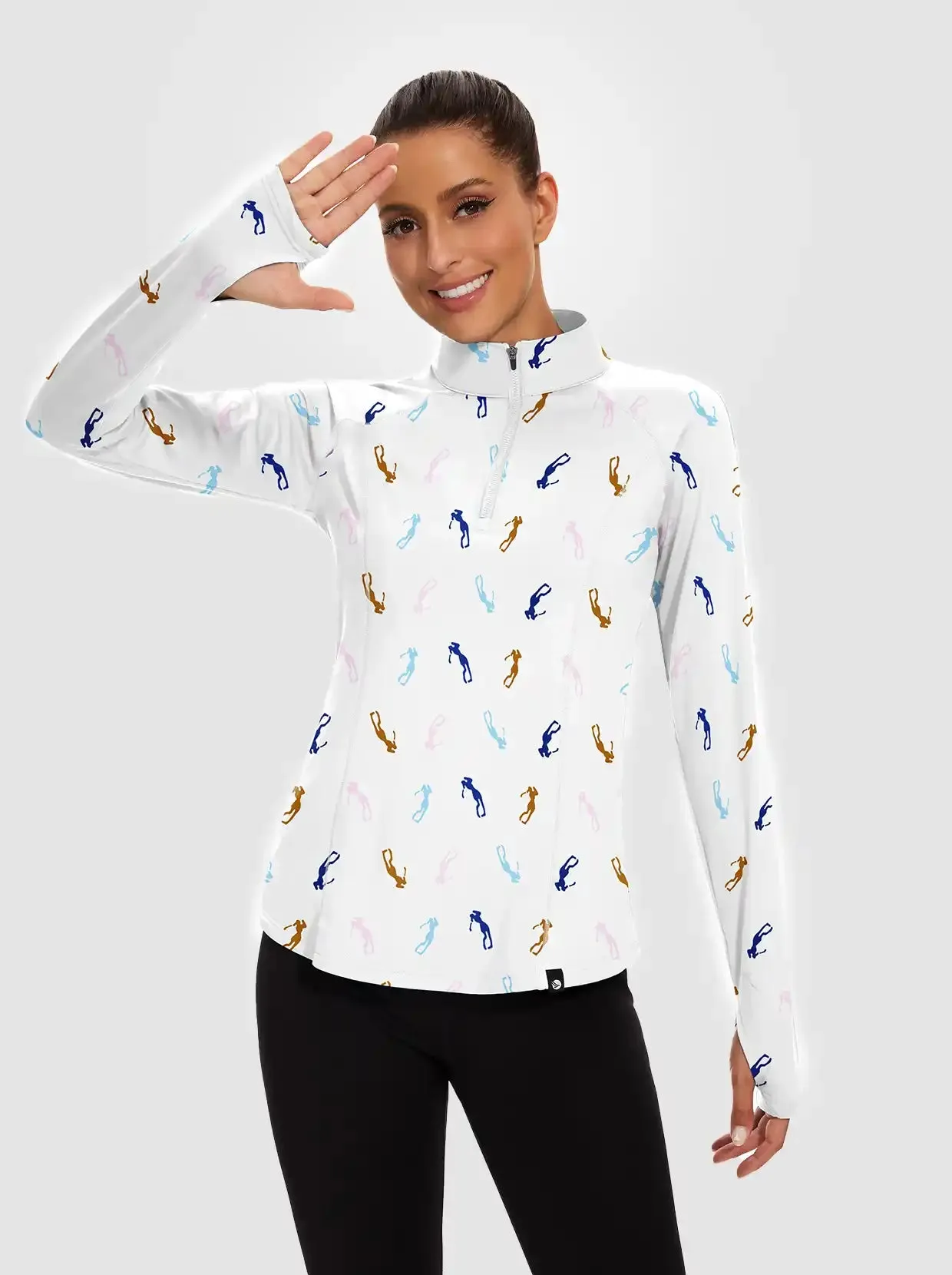 Golfer Print Quarter-zip Long-sleeve Fleece Tops for Women