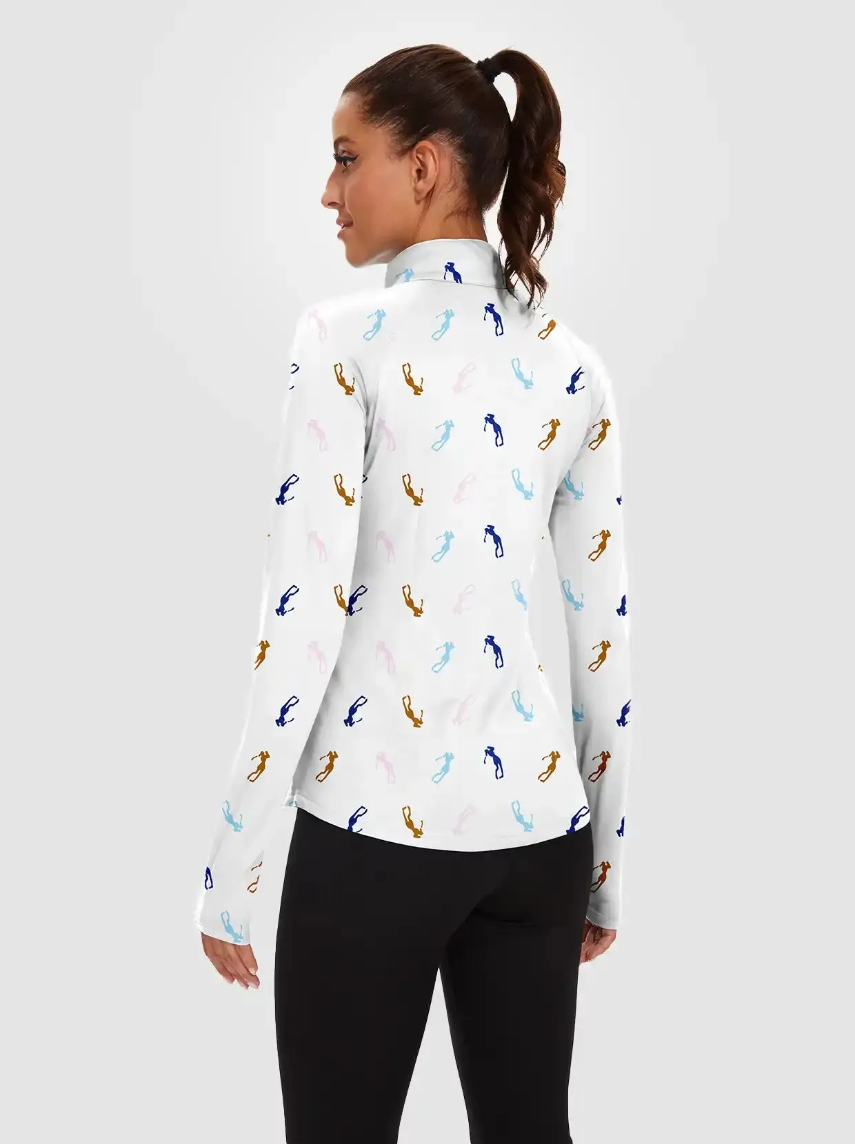 Golfer Print Quarter-zip Long-sleeve Fleece Tops for Women