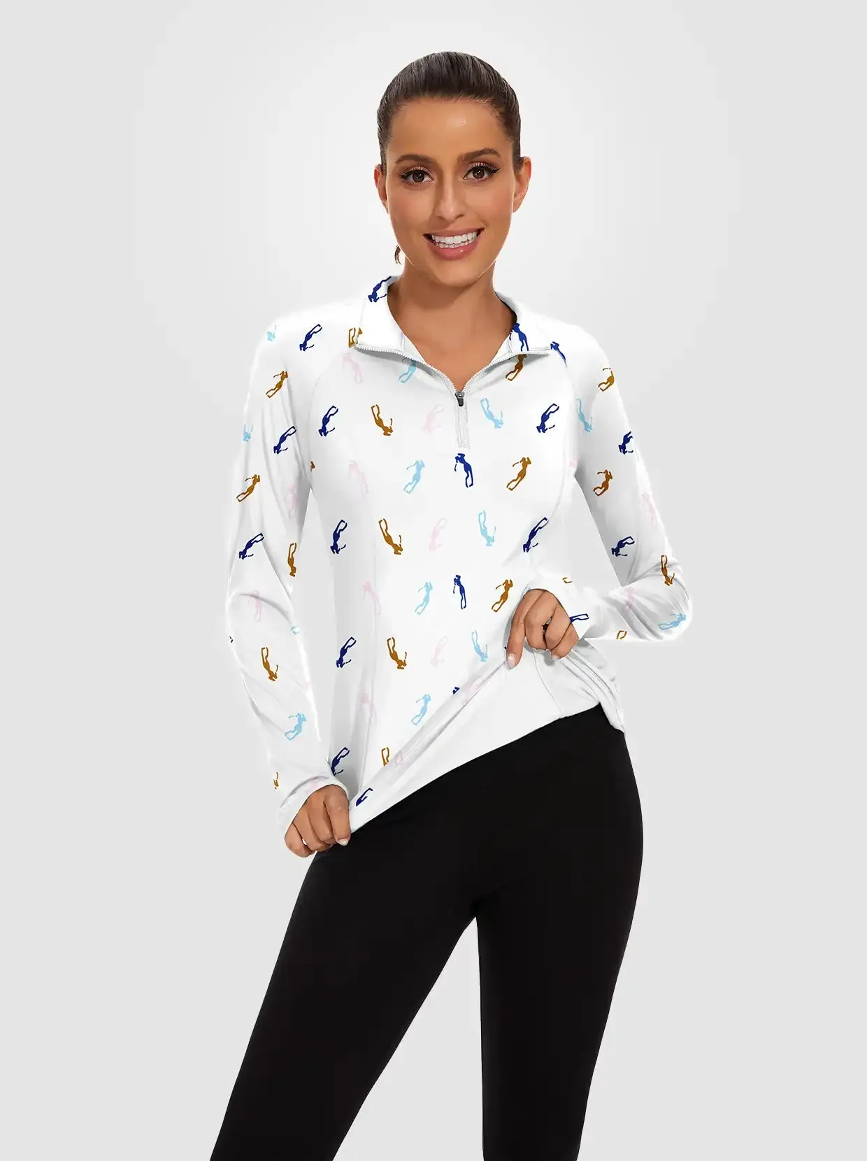Golfer Print Quarter-zip Long-sleeve Fleece Tops for Women