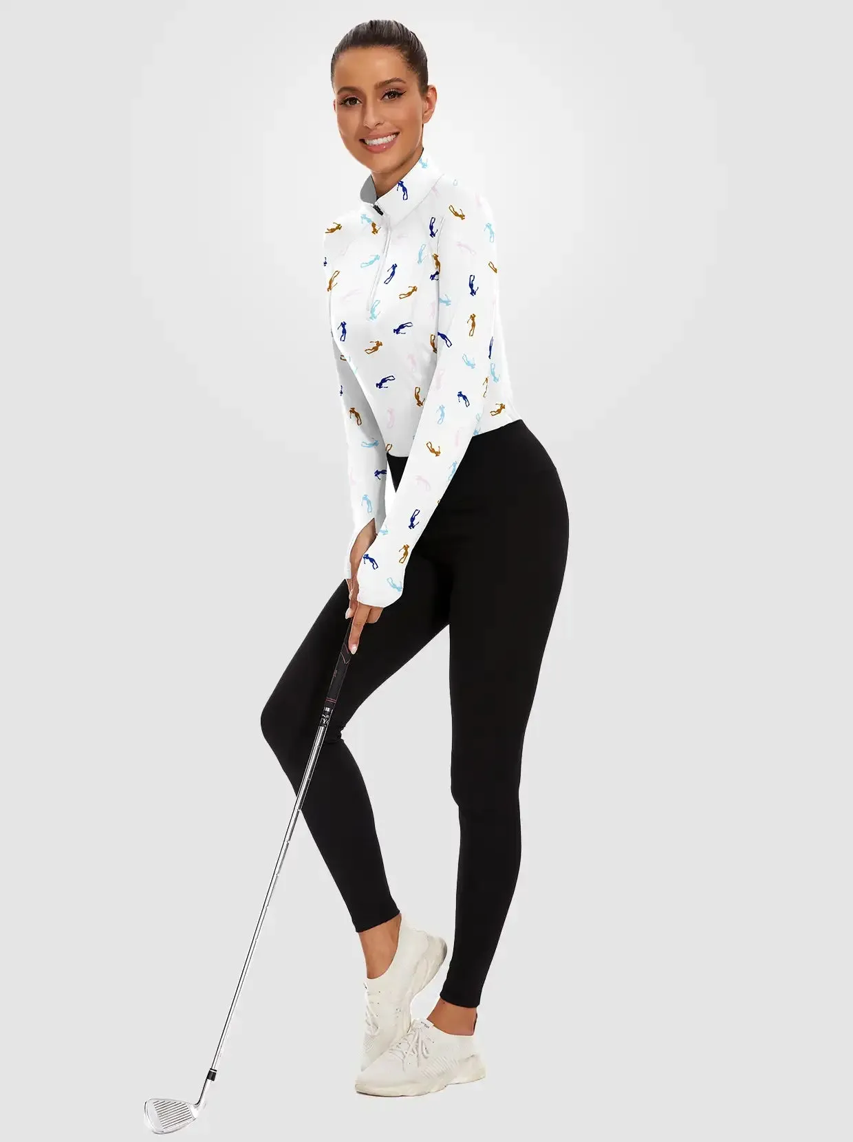 Golfer Print Quarter-zip Long-sleeve Fleece Tops for Women