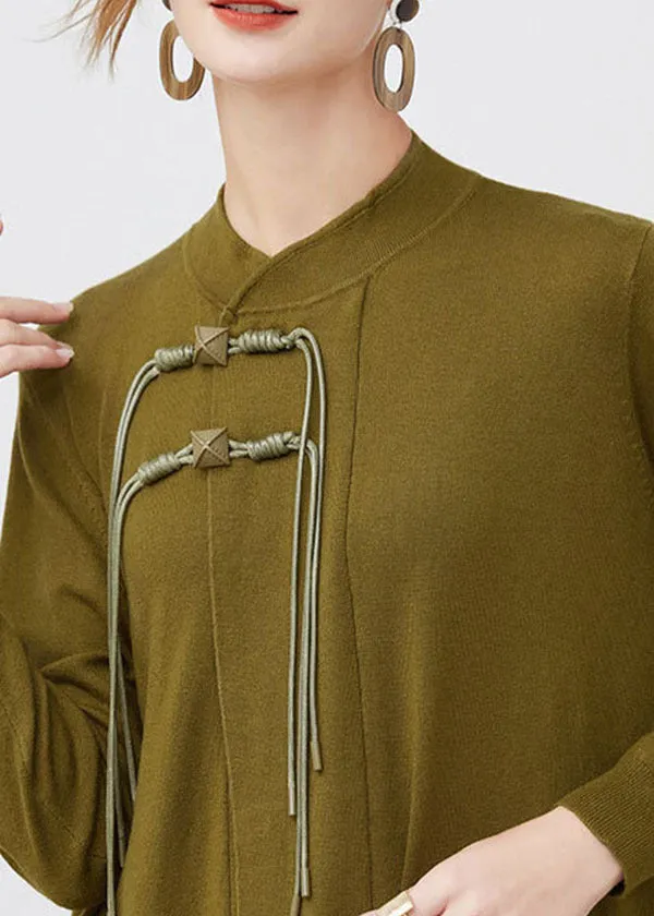 Green Wool Knit Long Dresses Stand Collar Tassel Long Sleeve