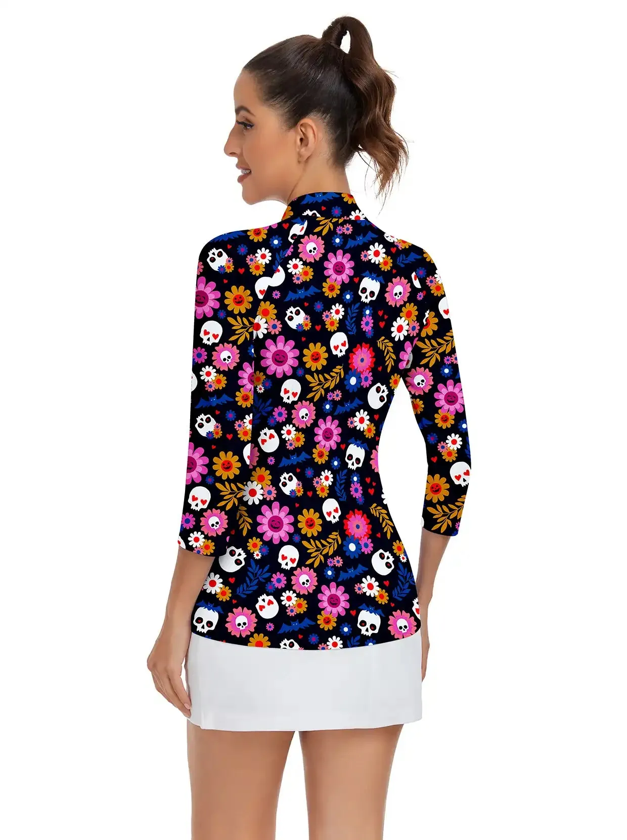 Halloween Floral and Skull Print Quarter-zip 3/4 Sleeve Shirt For Women