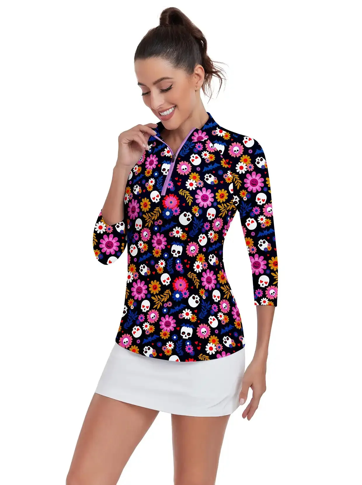 Halloween Floral and Skull Print Quarter-zip 3/4 Sleeve Shirt For Women