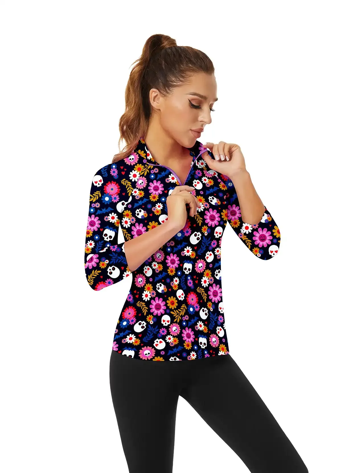 Halloween Floral and Skull Print Quarter-zip 3/4 Sleeve Shirt For Women