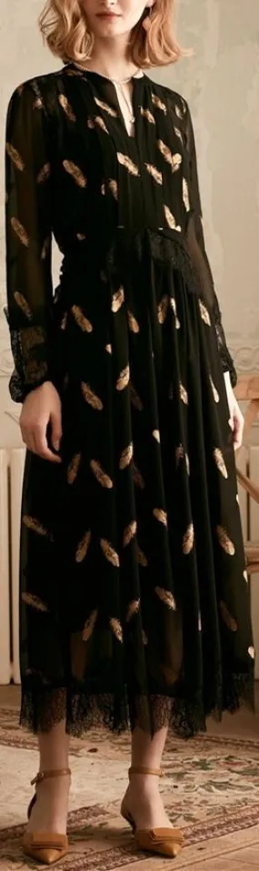 Leaf Print Lace-Trim Chiffon Dress