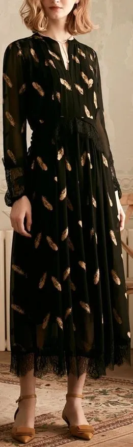 Leaf Print Lace-Trim Chiffon Dress