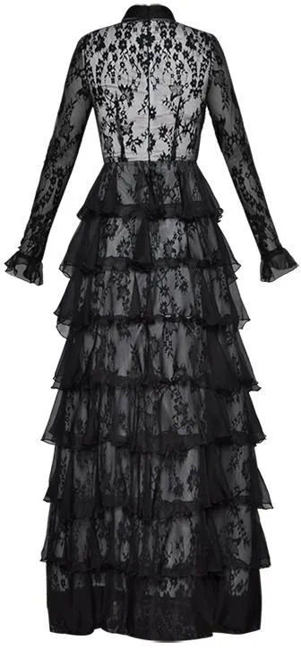 Long Black Tiered Lace Gown