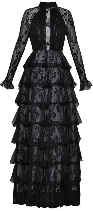 Long Black Tiered Lace Gown