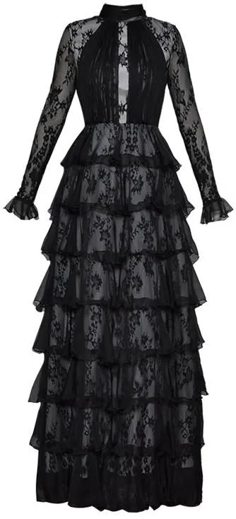Long Black Tiered Lace Gown