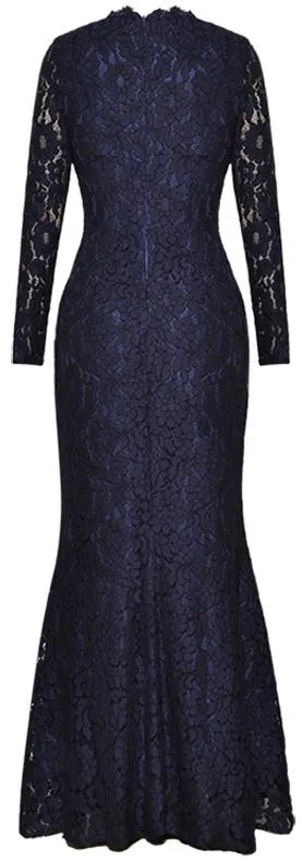 Long Blue Lace-Overlay Gown