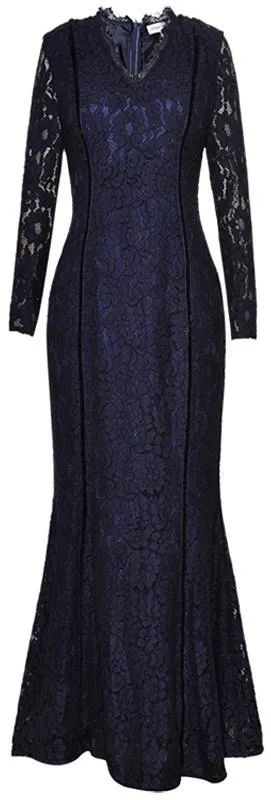 Long Blue Lace-Overlay Gown