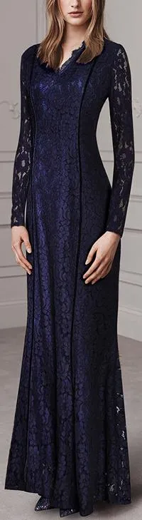 Long Blue Lace-Overlay Gown
