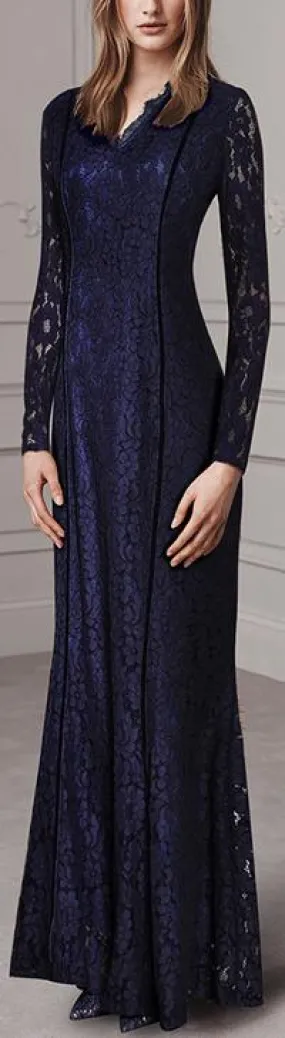 Long Blue Lace-Overlay Gown
