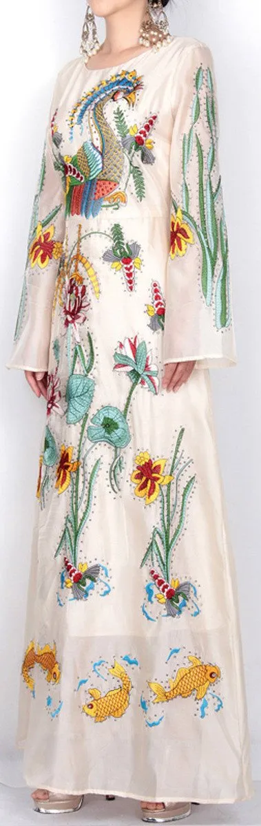 Long Embroidered Organza Dress - Multi-Color