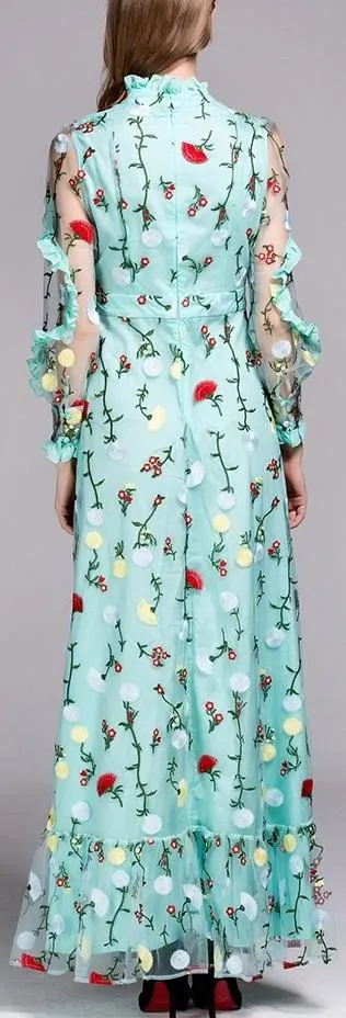Long Floral-Embroidery Ruffle Gown in Turquoise