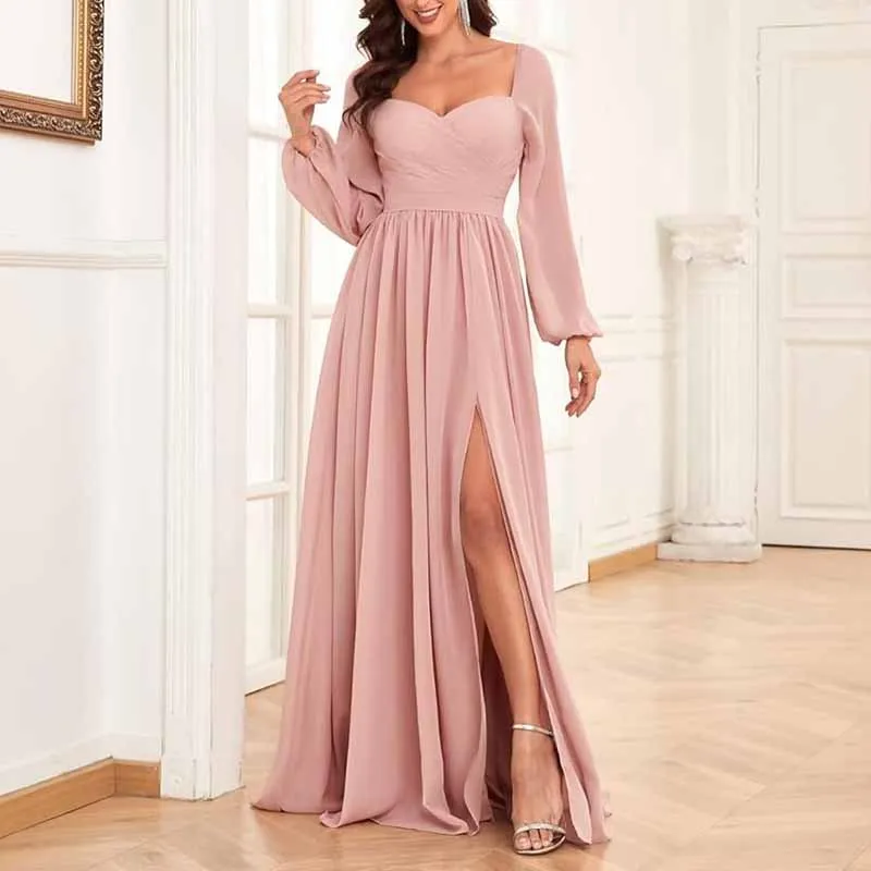 Long Sleeve Bridesmaid Dresses Long Pleated Chiffon Formal Evening Dresses with Slit
