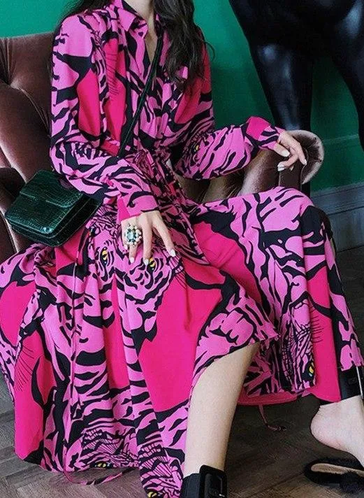 Long Tiger-Printed Chiffon Dress