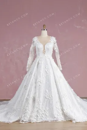 Luxury 3D Flower Lace Cathedral Train Wedding Gown
