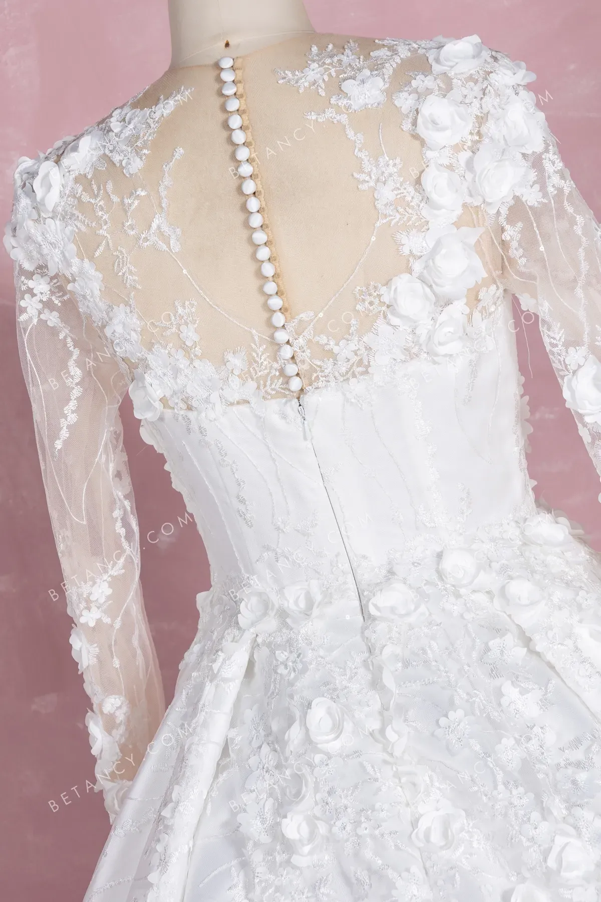 Luxury 3D Flower Lace Cathedral Train Wedding Gown