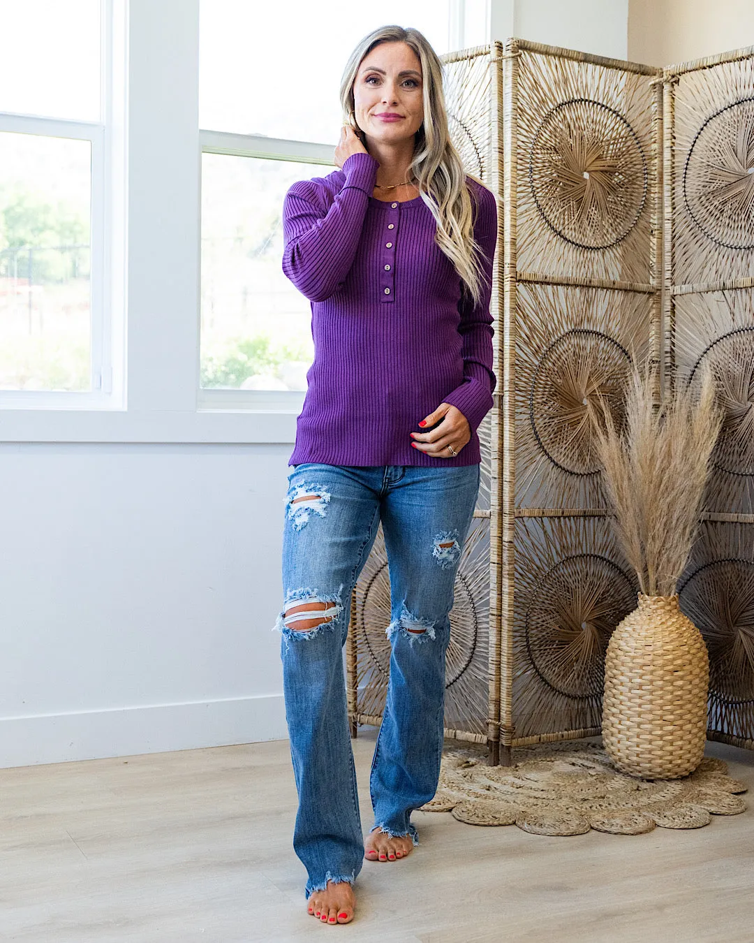 Monica Ribbed Henley Top - Plum