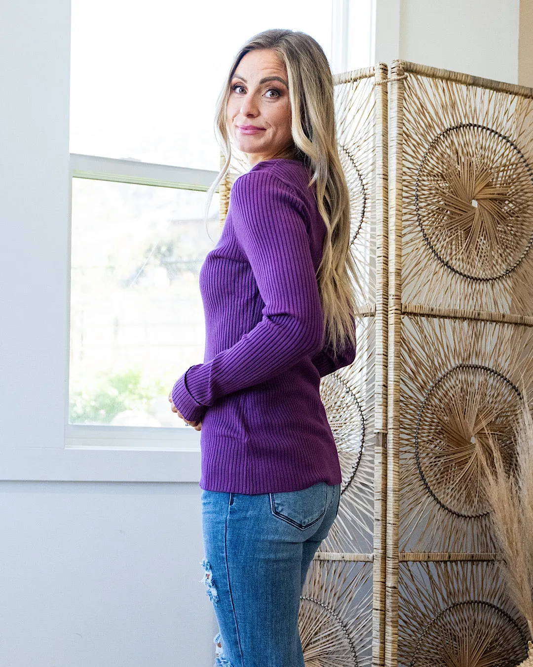 Monica Ribbed Henley Top - Plum