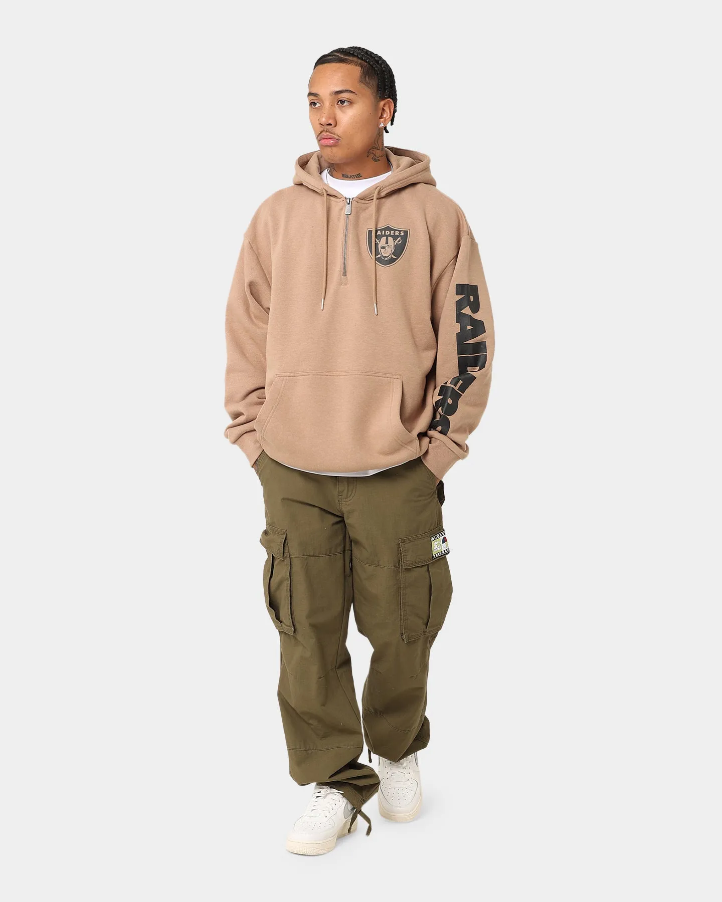 New Era Las Vegas Raiders Quarter Zip Sleeve Script Hoodie Khaki/Black