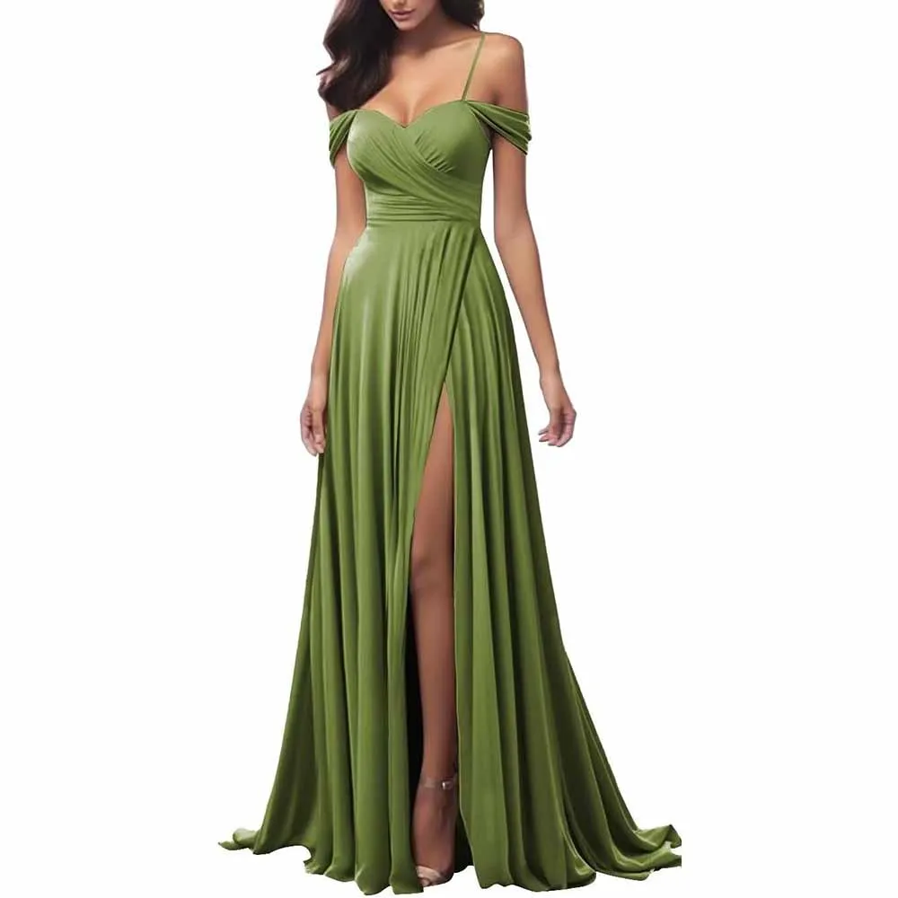 Off The Shoulder Bridesmaid Dresses Women Long Satin Formal Dresses Spaghetti Straps Evening Gown