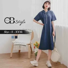 ORANGEBEAR DENIM COLOR HOODED SPLIT DRESS