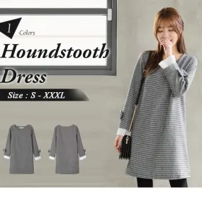 PLEATED BOW SLEEVE HOUNDSTOOTH DRESS