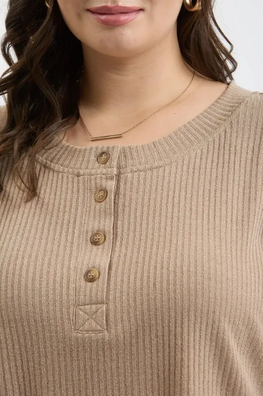Plus 3/4 Tab Sleeve Henley Knit Top KHAKI