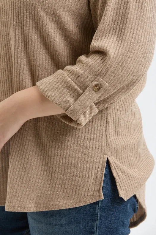 Plus 3/4 Tab Sleeve Henley Knit Top KHAKI