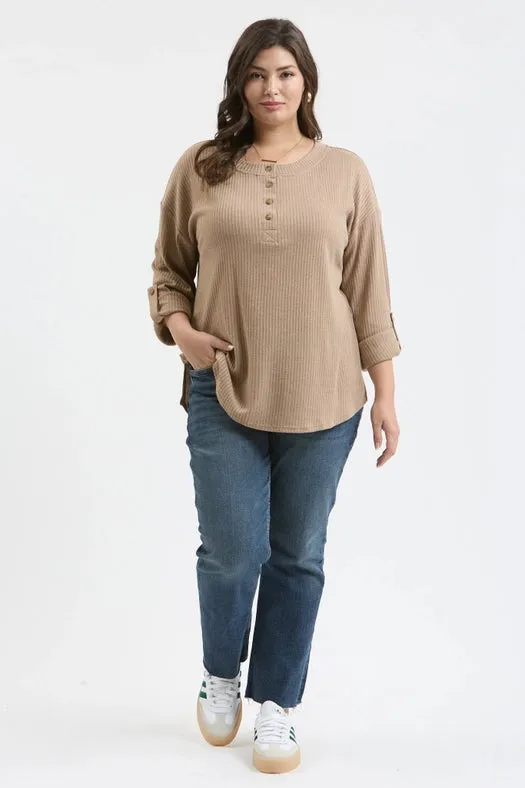 Plus 3/4 Tab Sleeve Henley Knit Top KHAKI