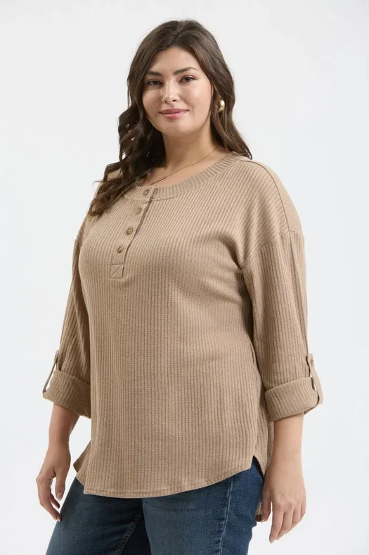 Plus 3/4 Tab Sleeve Henley Knit Top KHAKI