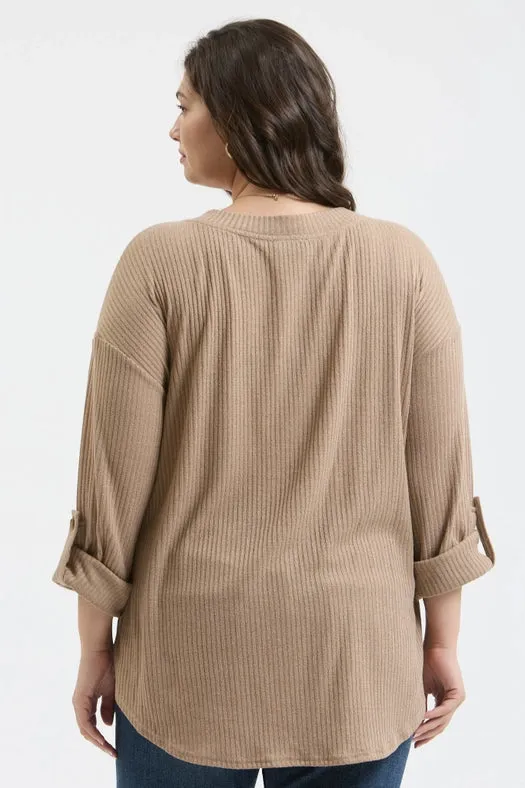Plus 3/4 Tab Sleeve Henley Knit Top KHAKI