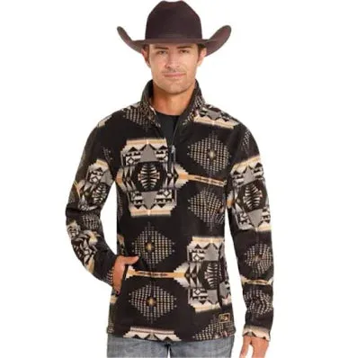 POWDER RIVER MENS BLACK AZTEC PRINT FLEECE PULLOVER