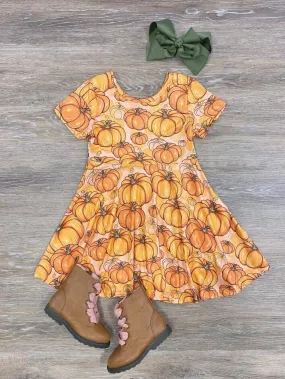 Pumpkins Please Girls Orange Short Sleeve Skater Dress