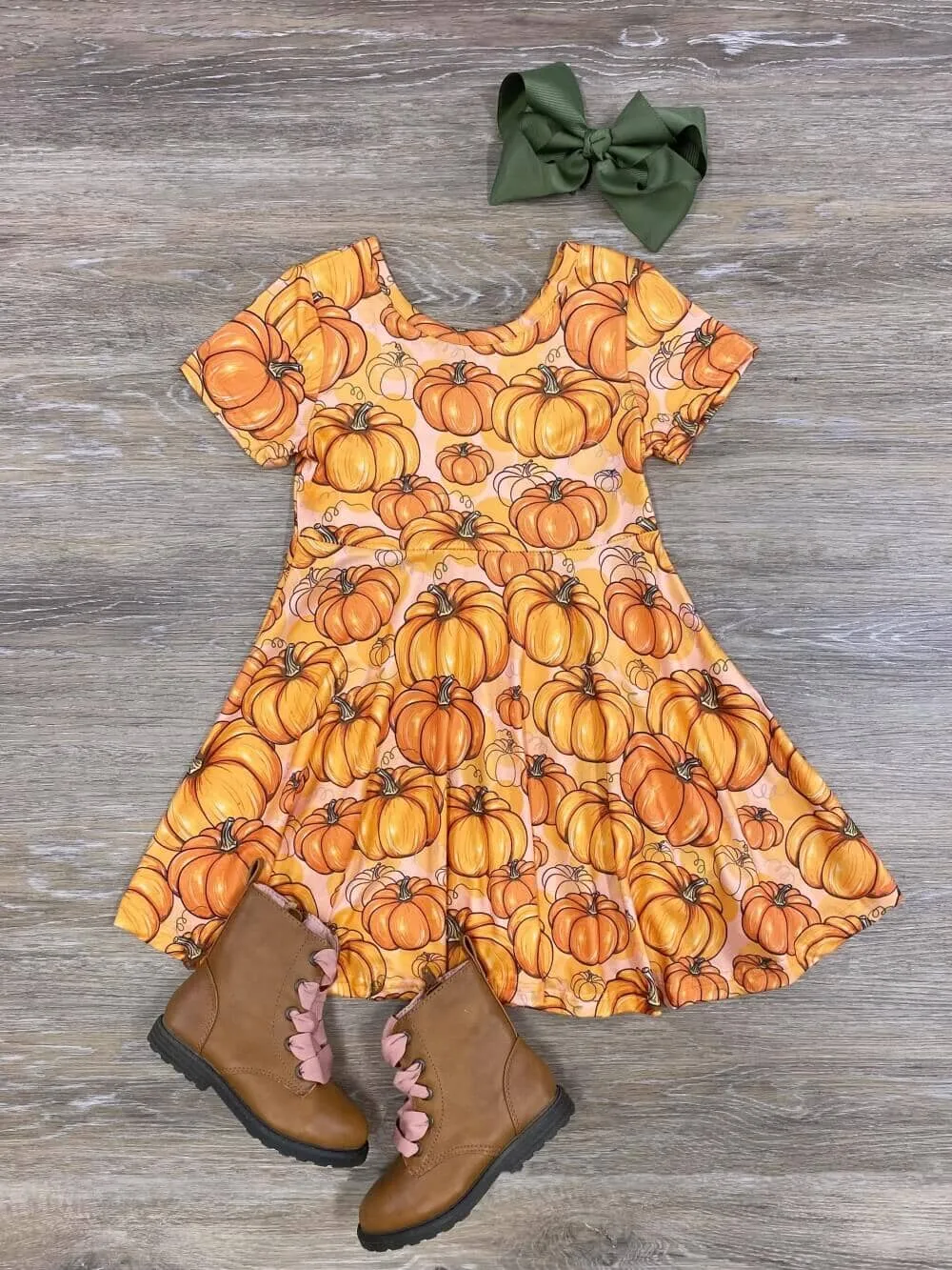 Pumpkins Please Girls Orange Short Sleeve Skater Dress
