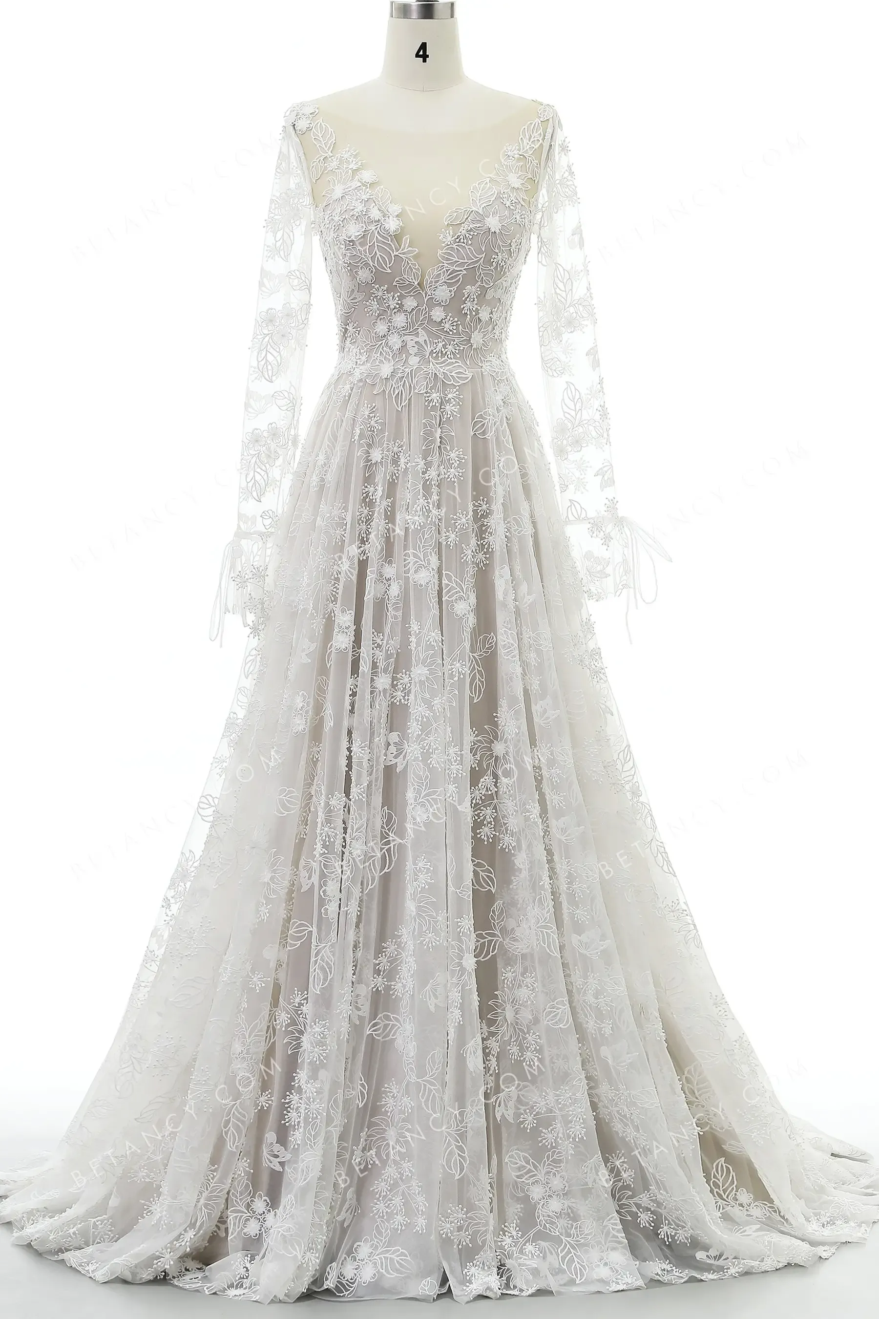 Romantic Flowers & Butterflies Lace Beige Wedding Dress