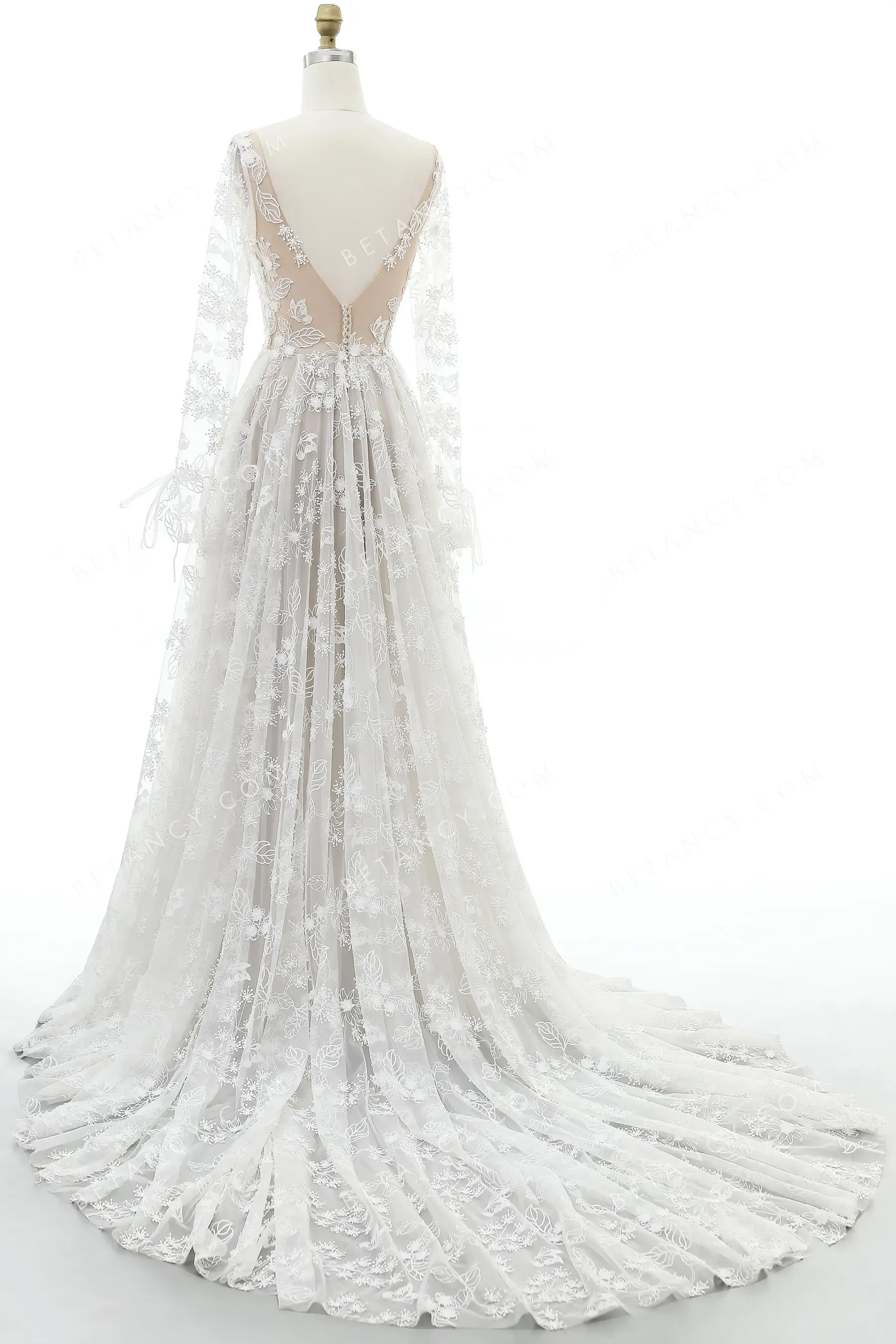 Romantic Flowers & Butterflies Lace Beige Wedding Dress