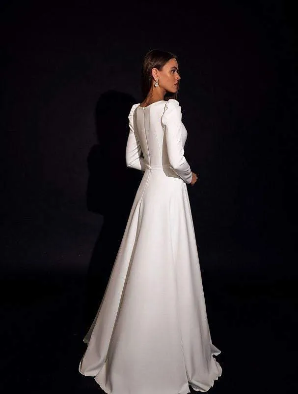 Satin Long Sleeve White Ivory Blush Wedding Dress