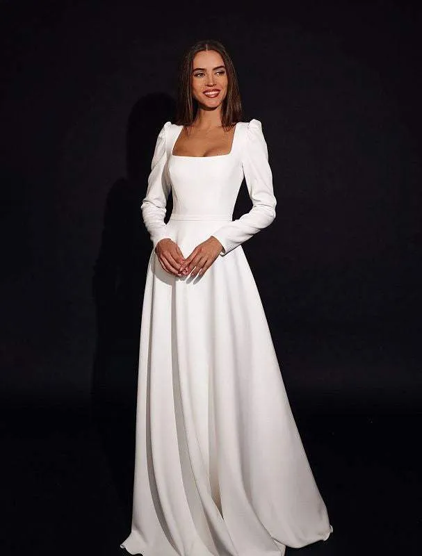 Satin Long Sleeve White Ivory Blush Wedding Dress