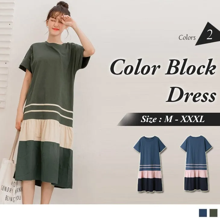 SHORT SLEEVE COLOR BLOCK DRESS