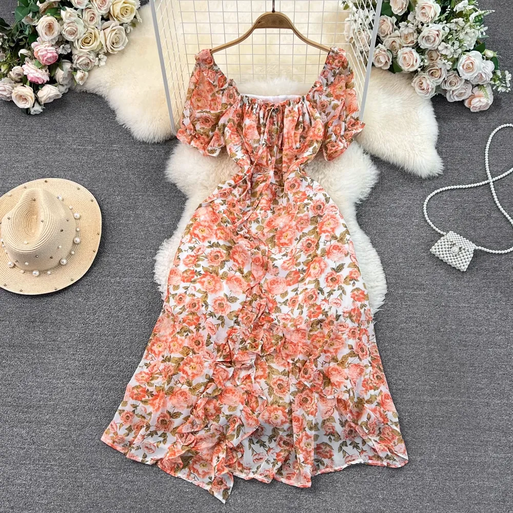 Short Sleeves Square Neck Mid Length Slit A Line Floral Chiffon Ruffles  Dress 1676