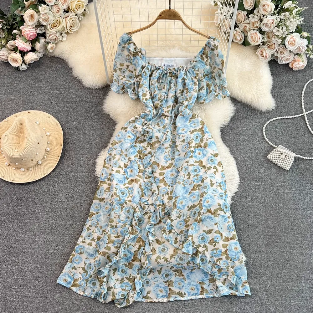 Short Sleeves Square Neck Mid Length Slit A Line Floral Chiffon Ruffles  Dress 1676