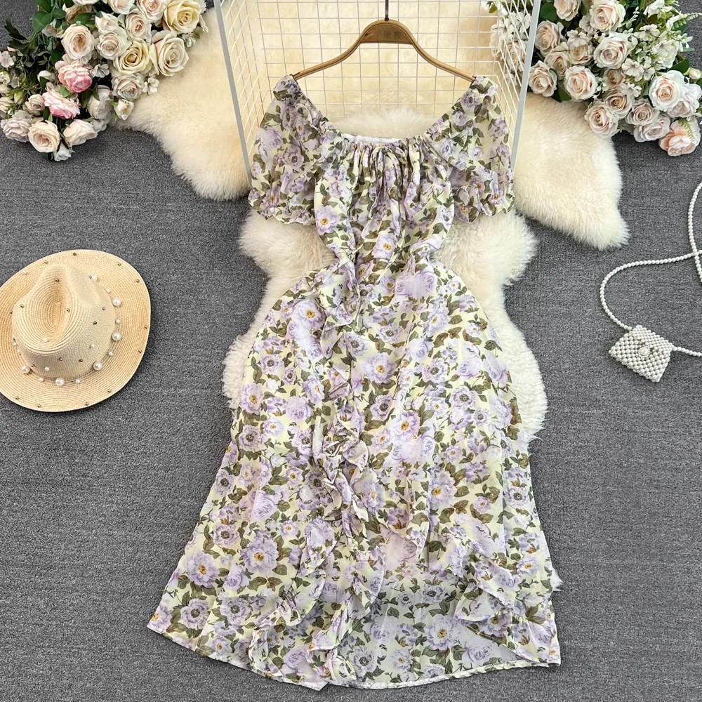 Short Sleeves Square Neck Mid Length Slit A Line Floral Chiffon Ruffles  Dress 1676