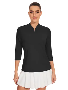Solid Black Quarter-Zip 3/4 Sleeve Golf Shirt for Women
