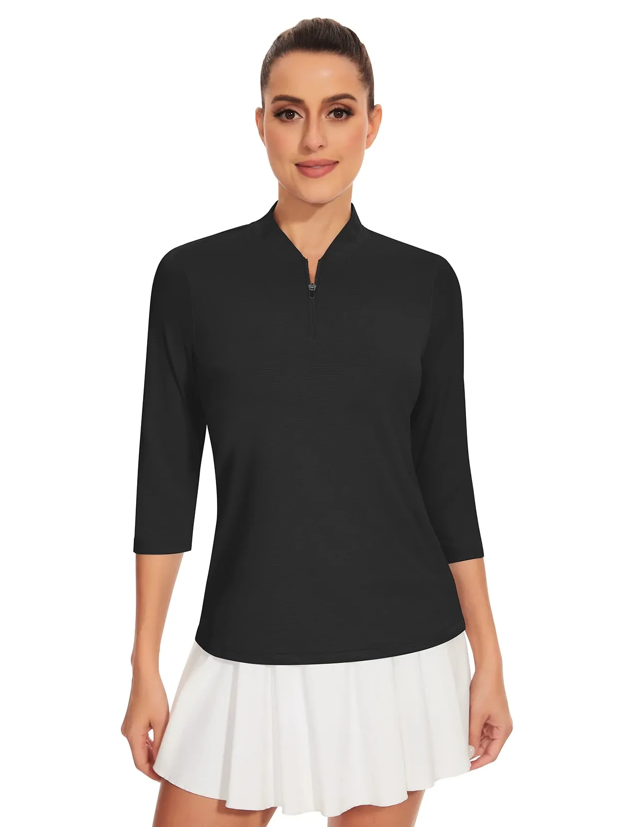 Solid Black Quarter-Zip 3/4 Sleeve Golf Shirt for Women
