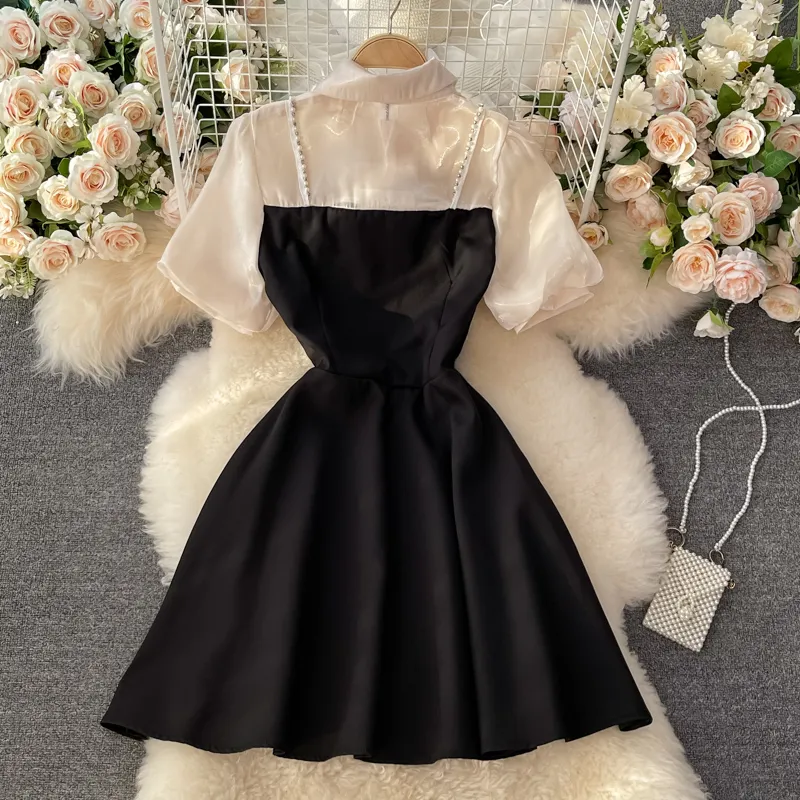 Summer Dress French Style A Line Skirt Elegant Beaded Dress for Women 1345