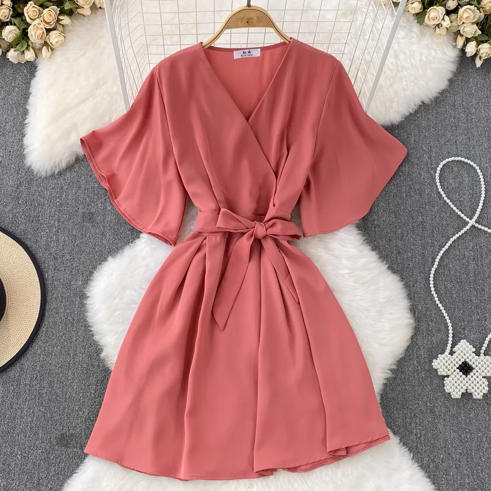 Summer Korean Style Retro V Neck Bow Tie A Line Dress 1517