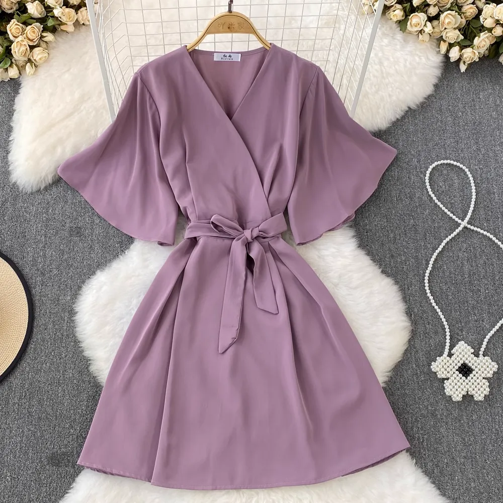 Summer Korean Style Retro V Neck Bow Tie A Line Dress 1517